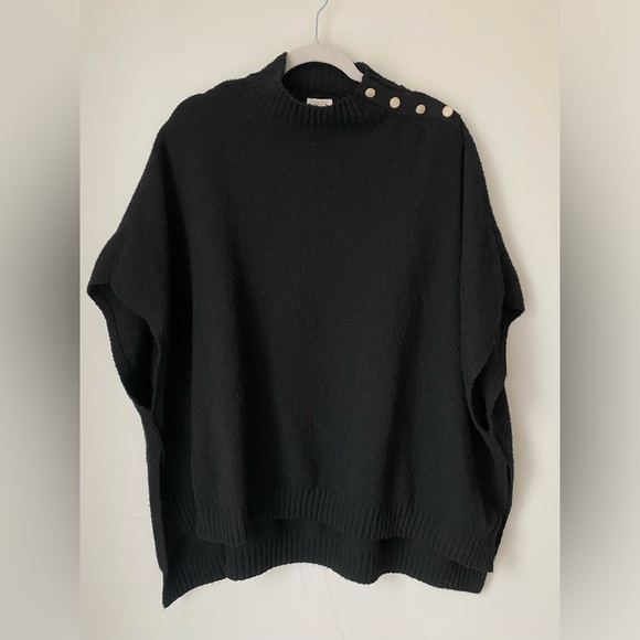 J Crew Sweater Women’s Medium Wool Black Button Neck Poncho - Picture 1 of 9